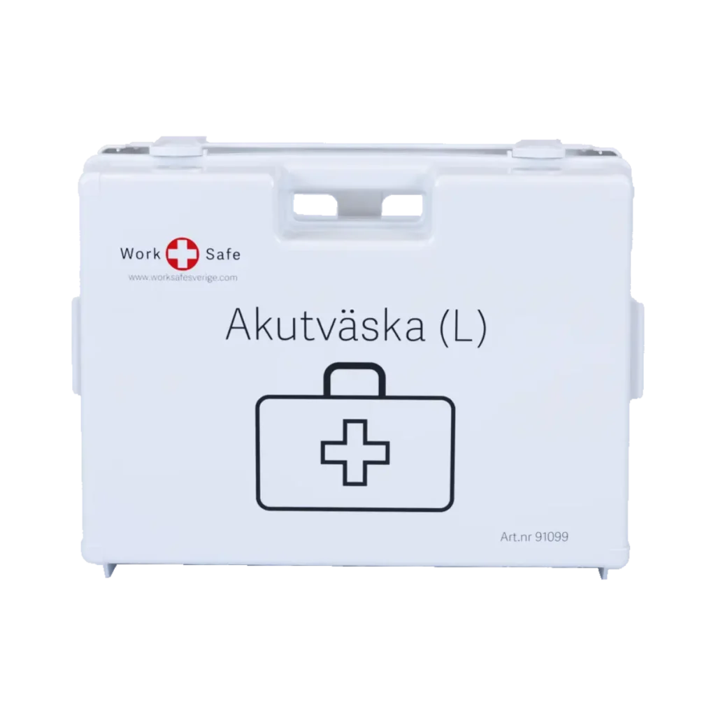 Stängd akutväska Large från Work Safe, vit med texten "Akutväska (L)" och en symbol för första hjälpen.
