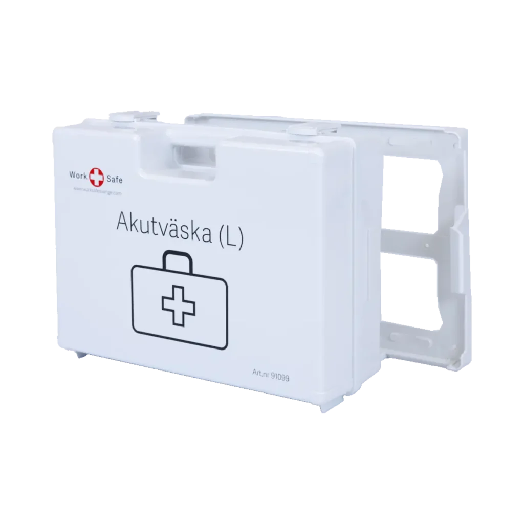 Profilvy av akutväska Large från Work Safe, monterad på väggfäste. Märkning och handtag synliga på vänster sida.