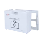 Profilvy av akutväska Large från Work Safe, monterad på väggfäste. Märkning och handtag synliga på vänster sida.