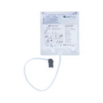 Elektroder för AMI Italia Smarty Saver hjärtstartare, baksidan av förpackningen med instruktioner och anslutningskabel.