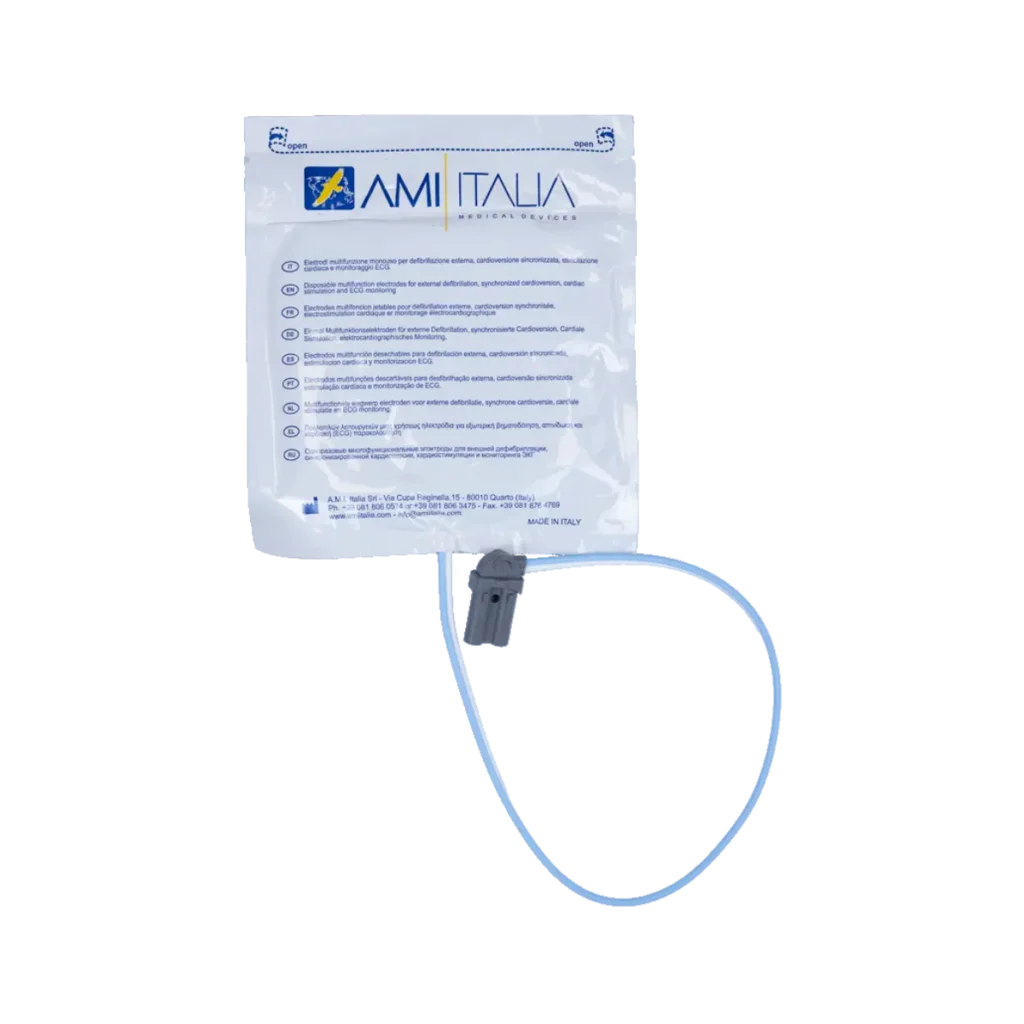 Elektroder för AMI Italia Smarty Saver hjärtstartare, framsidan av förpackningen med beskrivning och anslutningskabel.
