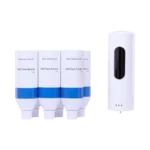 Sex vita refillbehållare med etiketten "Soft Care Alcohol" från Work Solution, tillsammans med en vit automatisk dispenser. Produkten är utformad för effektiv och hygienisk distribution av handsprit.