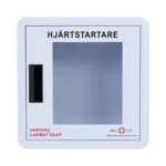 Frontvy av stängt förvaringsskåp för hjärtstartare från Work Safe, avsett för inomhusbruk och utrustat med larm.