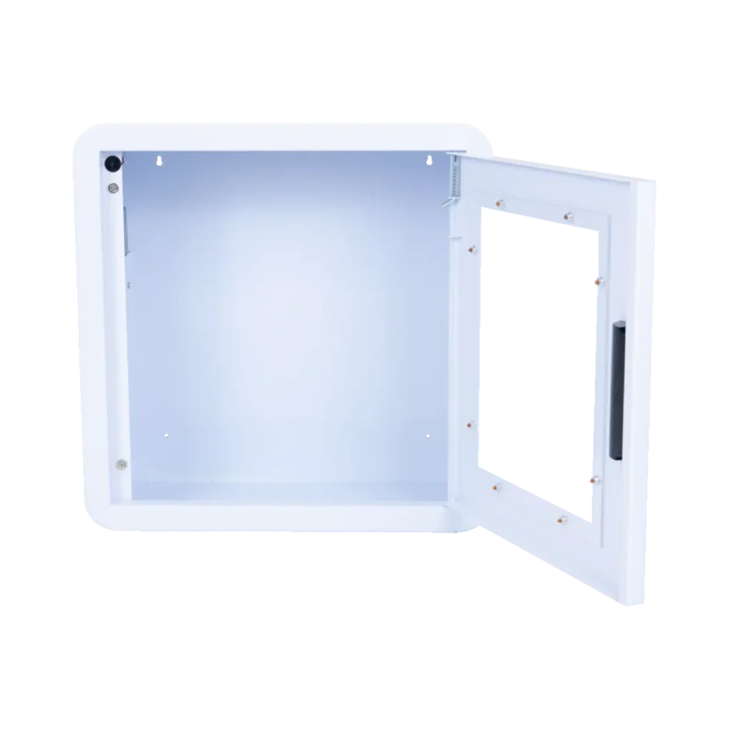 Öppet förvaringsskåp för hjärtstartare från Work Safe, designat för inomhusbruk och utrustat med larm.