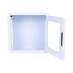 Öppet förvaringsskåp för hjärtstartare från Work Safe, designat för inomhusbruk och utrustat med larm.