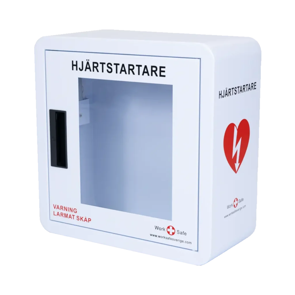 Förvaringsskåp för hjärtstartare av märket Work Safe, avsedd för inomhusbruk och utrustad med larm, visad från vänster sida i stängt läge.