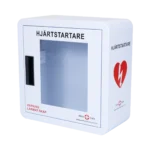 Förvaringsskåp för hjärtstartare av märket Work Safe, avsedd för inomhusbruk och utrustad med larm, visad från vänster sida i stängt läge.